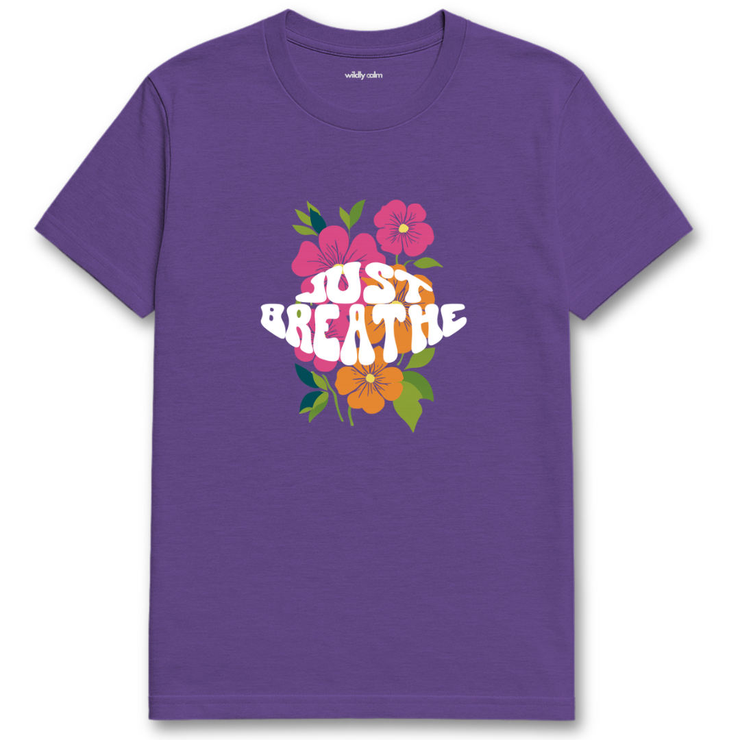 Heather Purple yoga t-shirt with 'Just Breathe' text and floral design -wildly calm