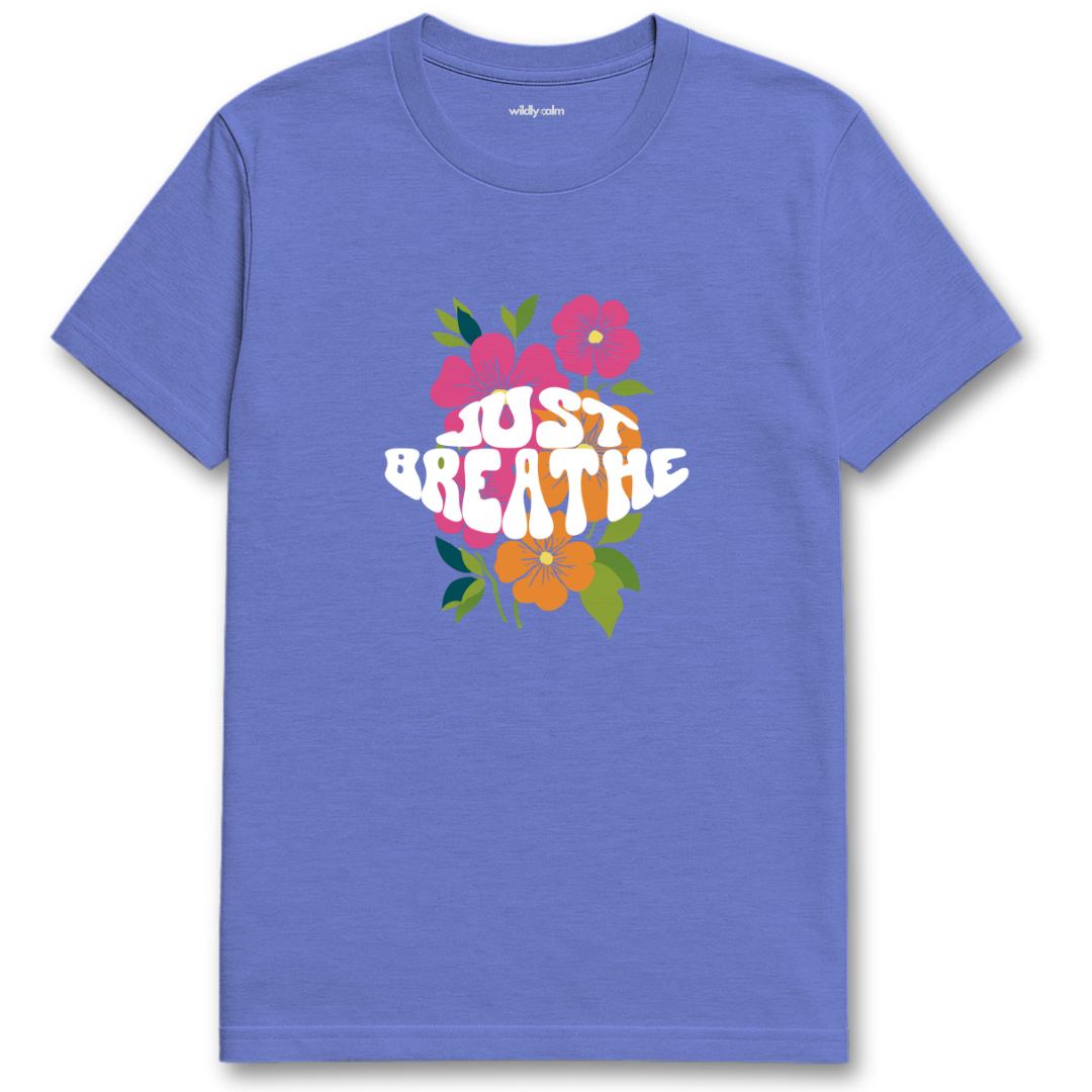 Heather royal blue yoga t-shirt with 'Just Breathe' text and floral design -wildly calm