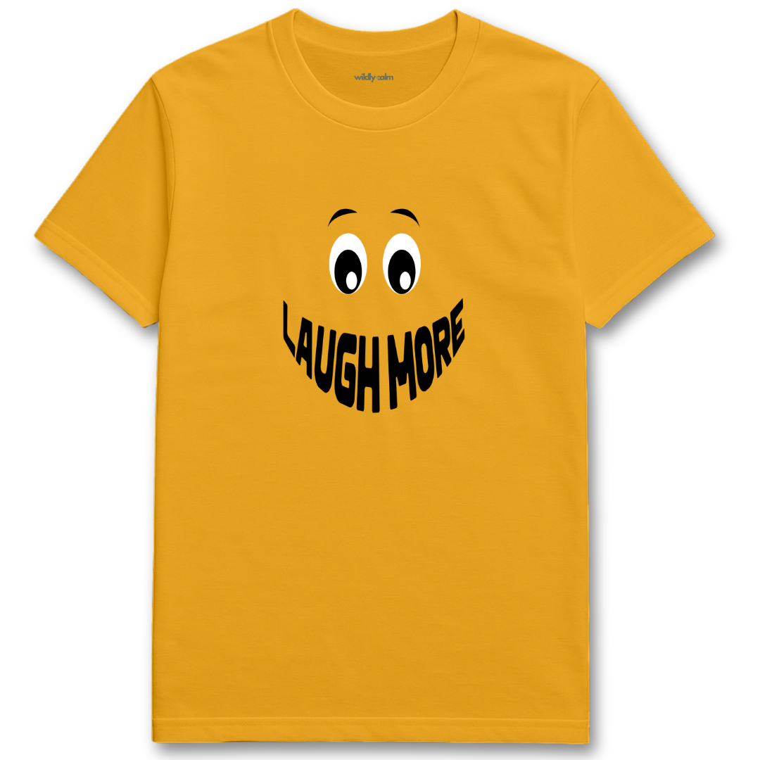 gold yoga t-shirt with a smiley face and 'LAUGH MORE' text - wildly calm