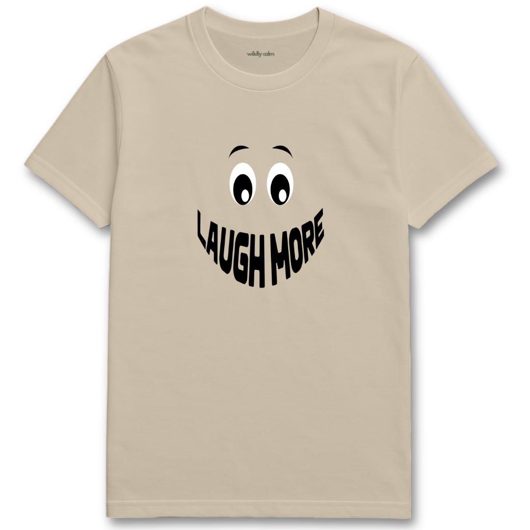 Sand/ beige yoga t-shirt with a smiley face and 'LAUGH MORE' text - wildly calm