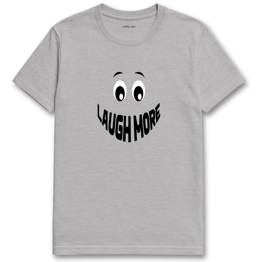 Sports grey yoga t-shirt with a smiley face and 'LAUGH MORE' text - wildly calm