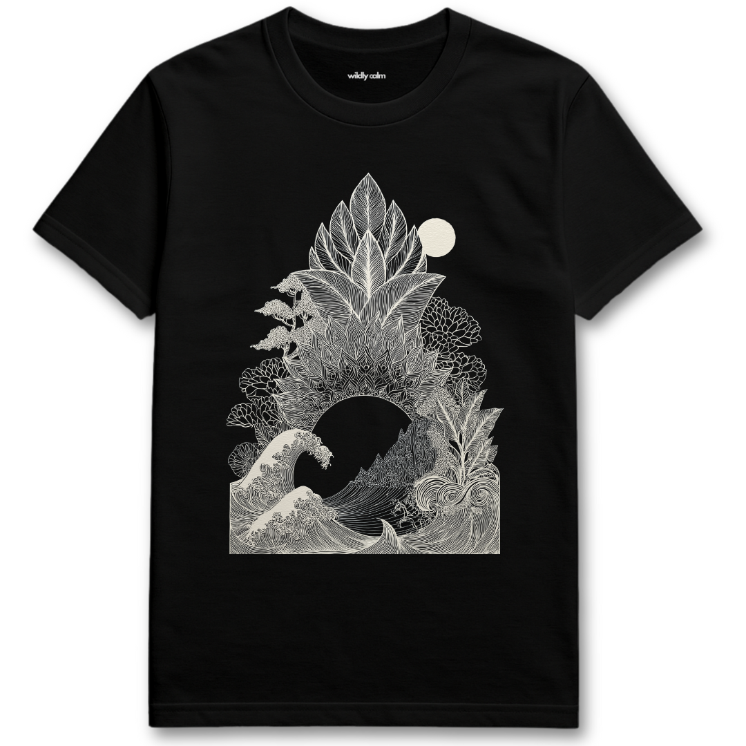 Leaf-Line Wave_black yoga t-shirt with black nature-themed graphic design - wildly calm