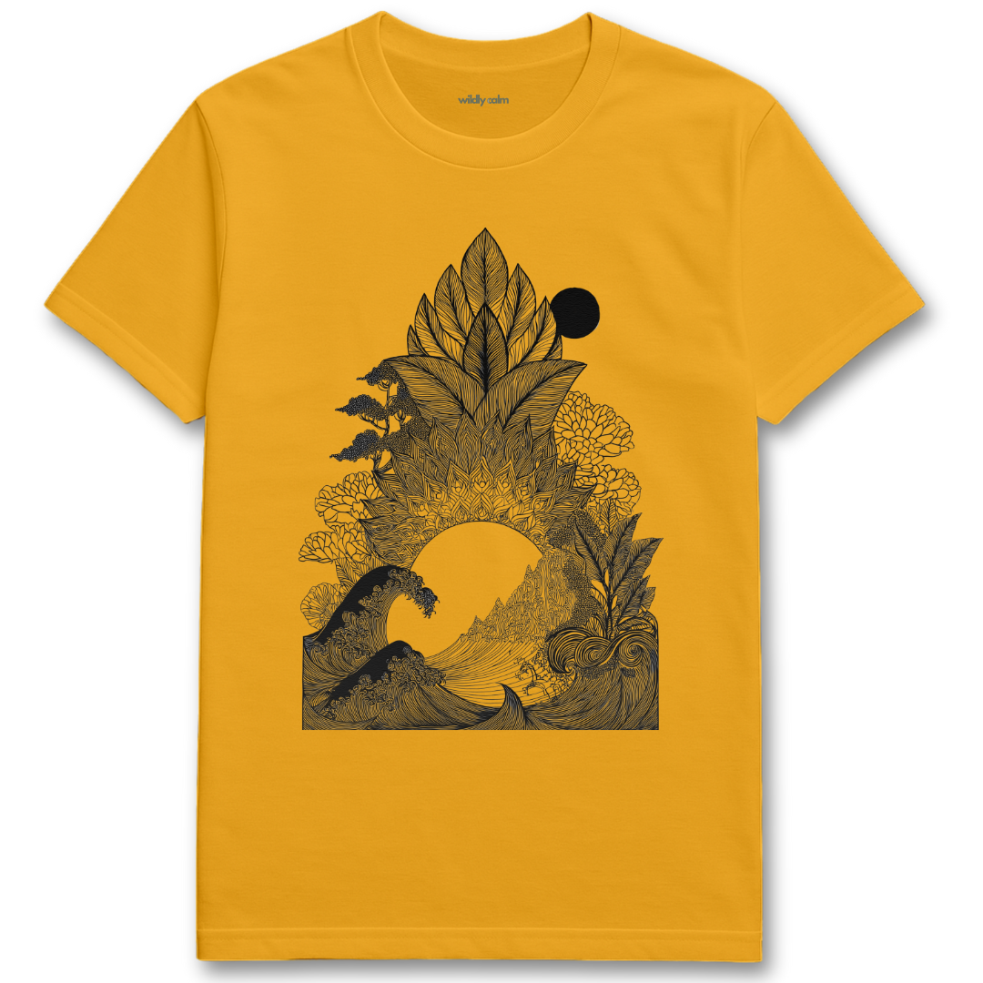 Leaf-Line Wave_gold yoga t-shirt with black nature-themed graphic design - wildly calm