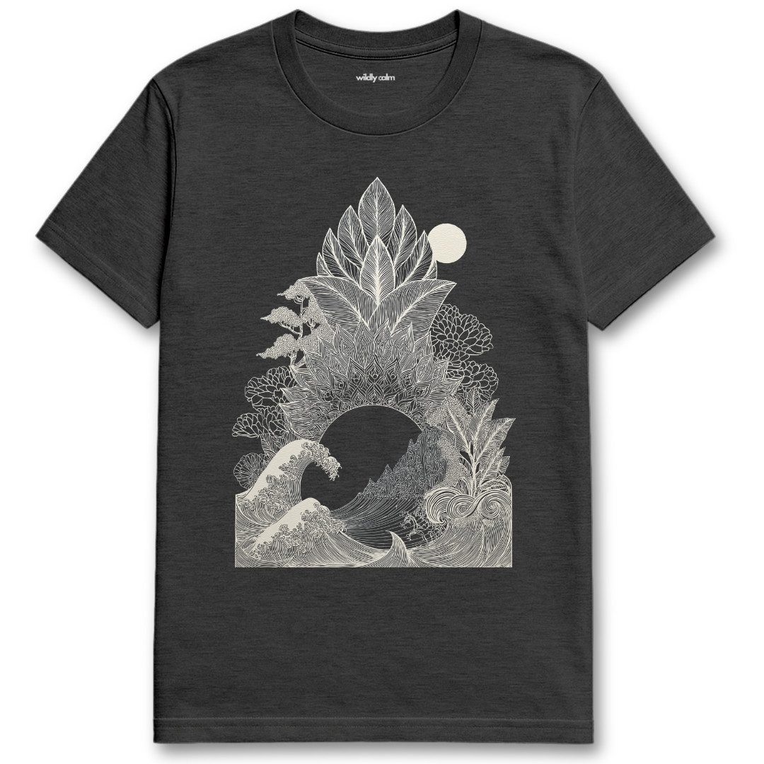 Leaf-Line Wave_heather dark Grey yoga t-shirt with black nature-themed graphic design - wildly calm