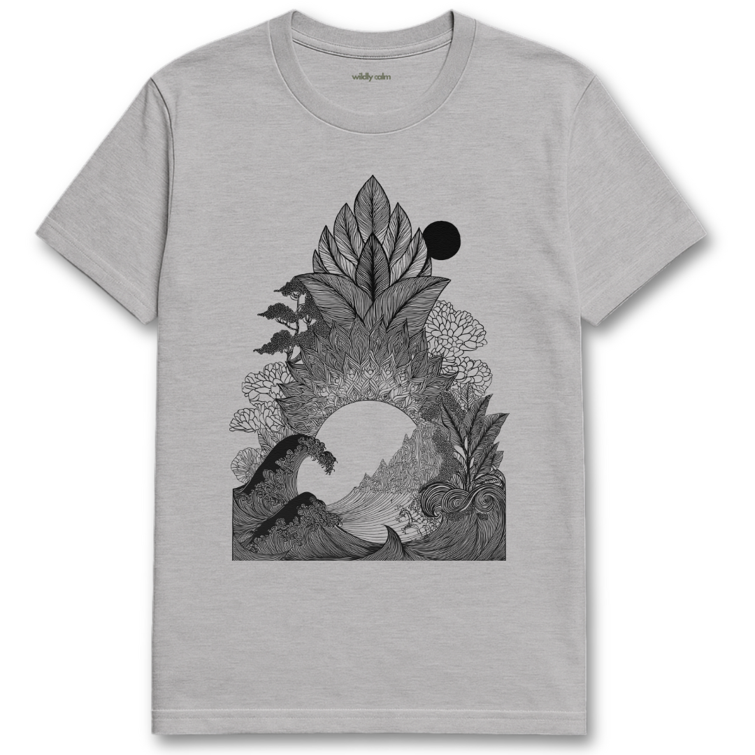 Leaf-Line Wave_Sports Grey yoga t-shirt with black nature-themed graphic design - wildly calm