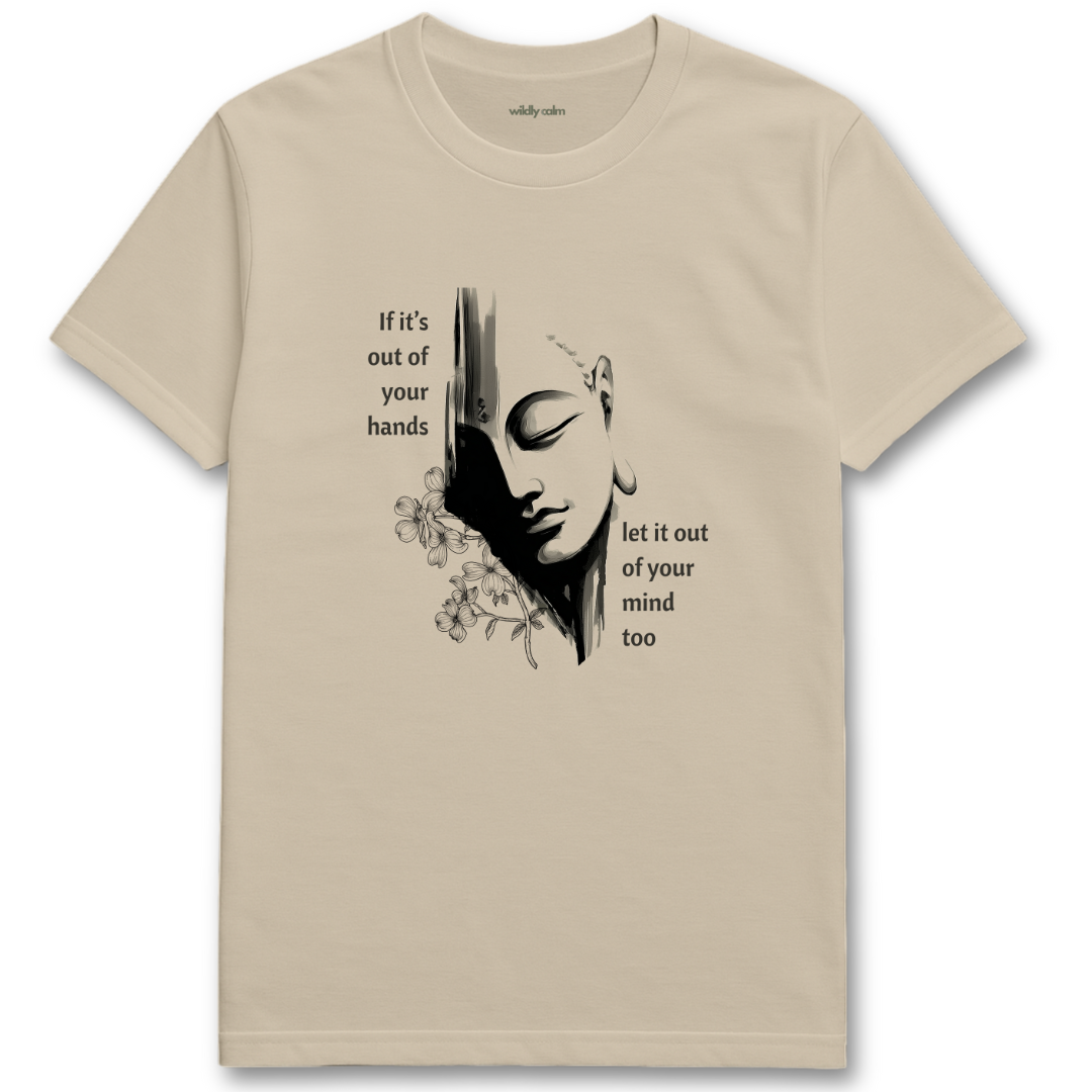 Let it out of mind_Sand/ beige t-shirt with a graphic design and text on a white background for yoga