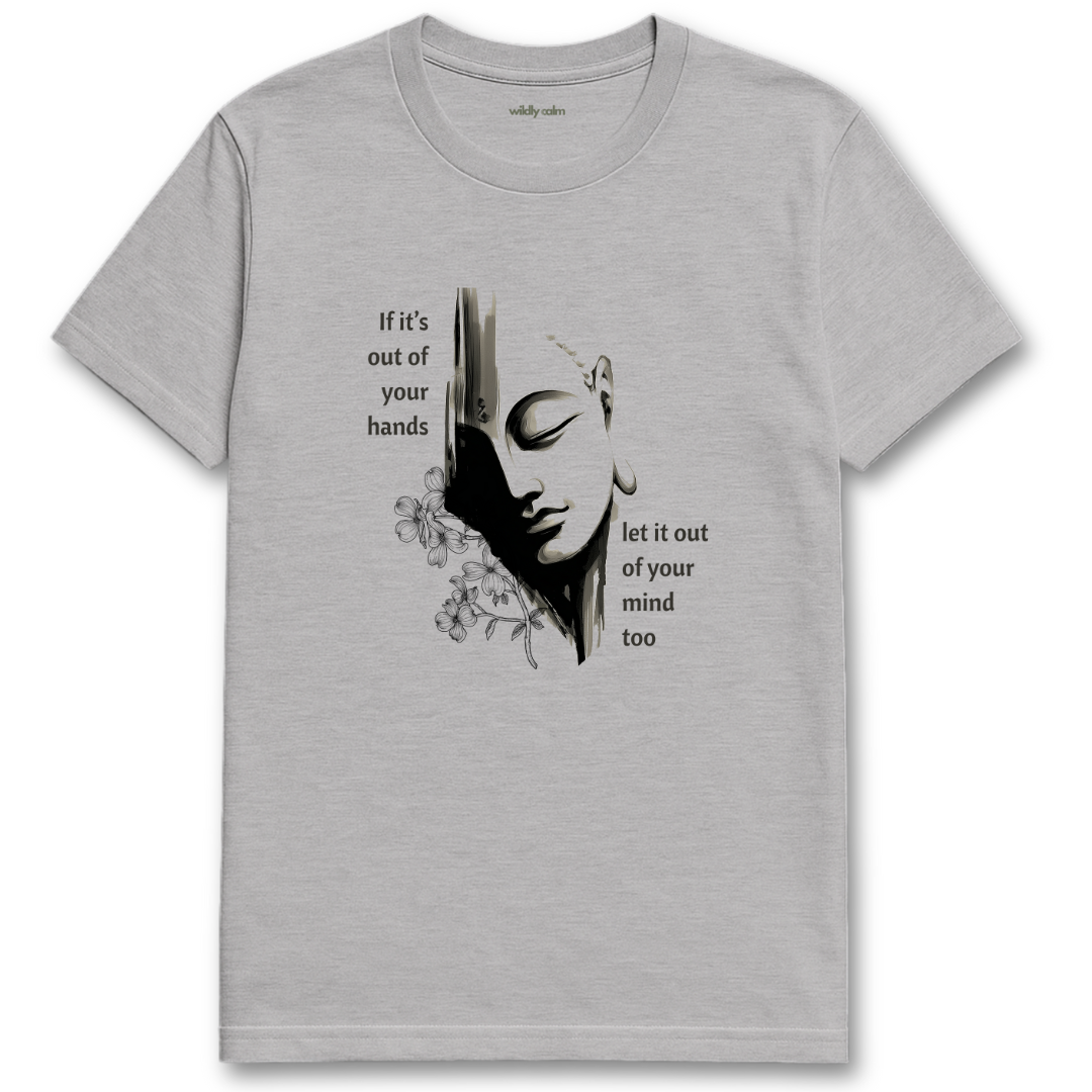 Let it out of mind_Sports Grey t-shirt with a graphic design and text on a white background for yoga