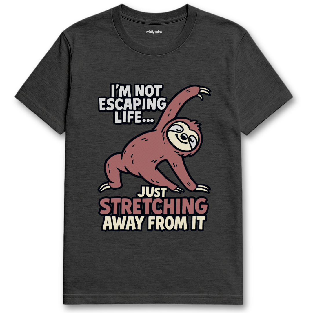 Heather Dark Grey t-shirt with a sloth graphic and text - Wildly calm