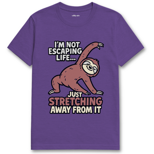 Heather purple t-shirt with a sloth graphic and text - Wildly calm