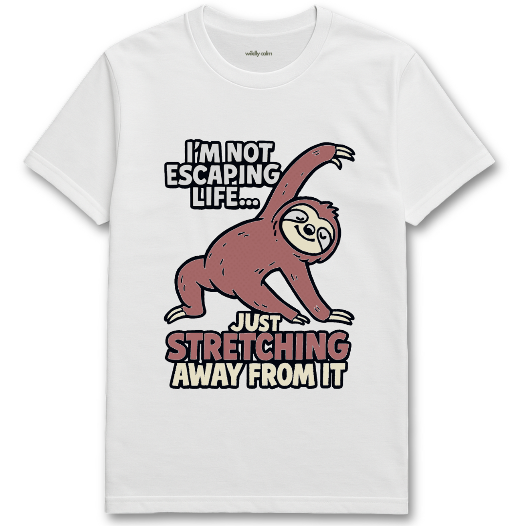 White t-shirt with a sloth graphic and text - Wildly calm