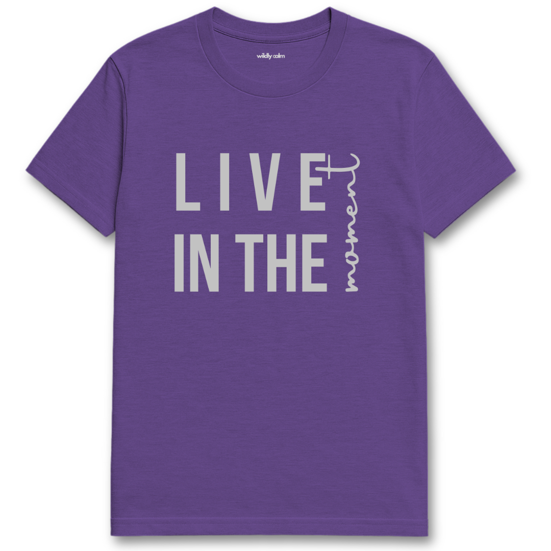 Heather purple yoga t-shirt with 'Live in the Moment' text - wildly calm