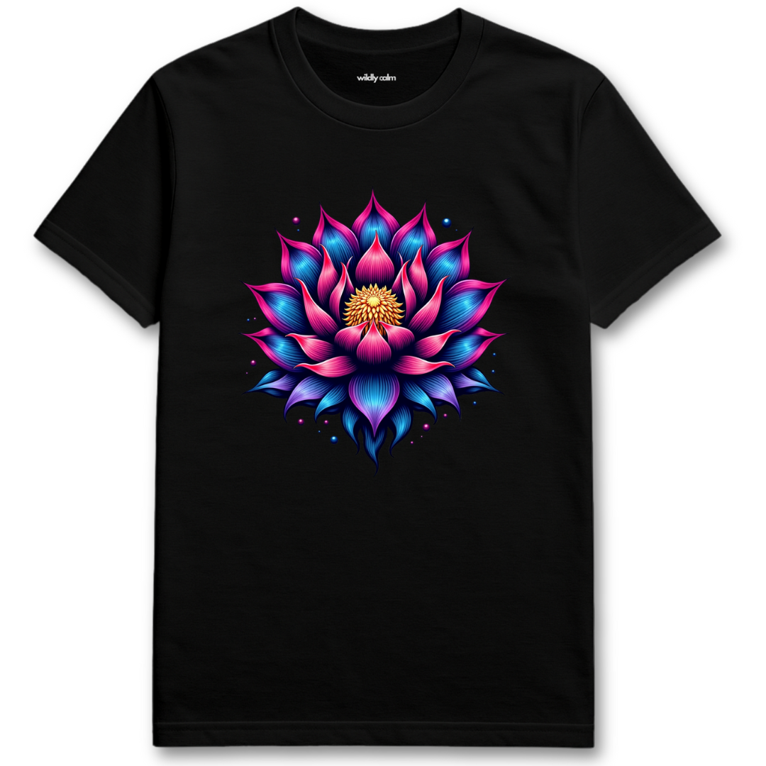 Black Lotus Art t-shirt with a colorful lotus flower design for Yoga -Wildly Calm