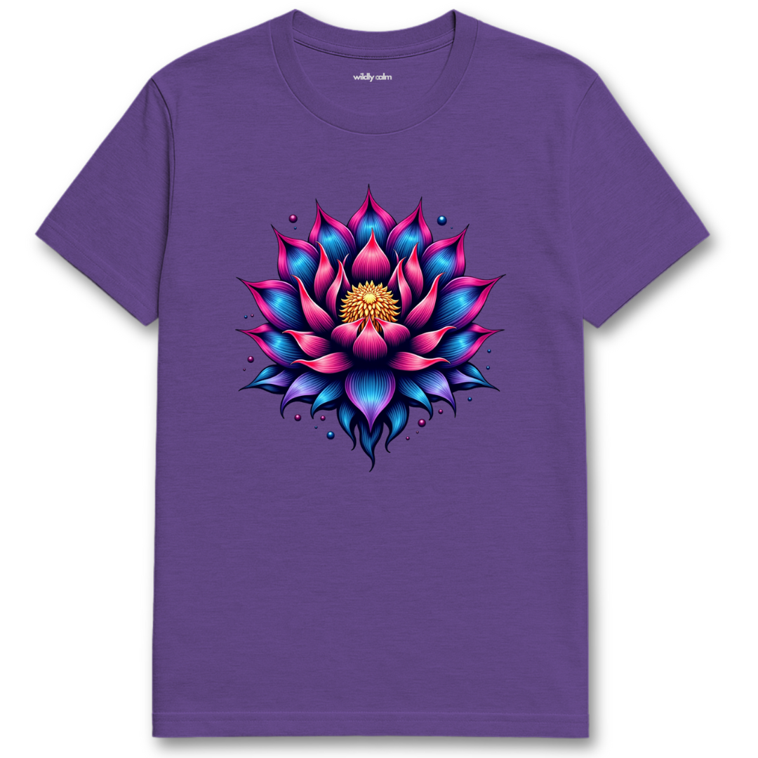 Purple Lotus Art t-shirt with a colorful lotus flower design for Yoga -Wildly Calm