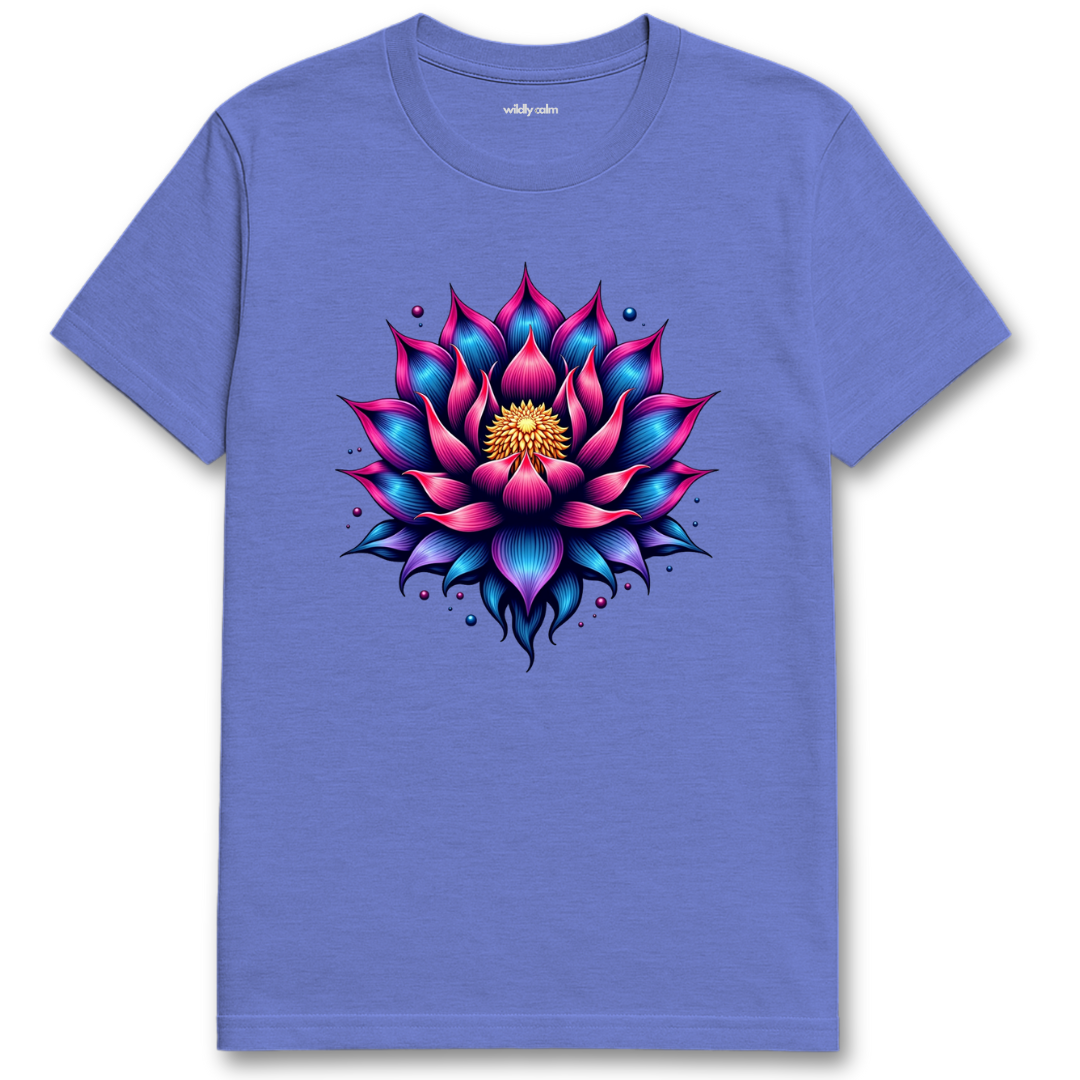 Heather Royal Lotus Art t-shirt with a colorful lotus flower design for Yoga -Wildly Calm