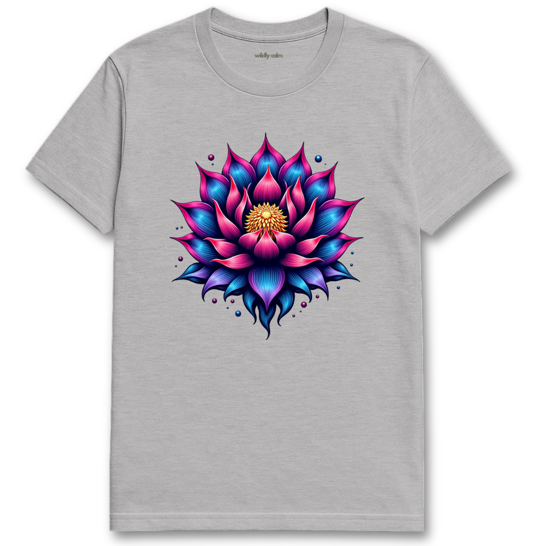 Sports Grey Lotus Art t-shirt with a colorful lotus flower design for Yoga -Wildly Calm