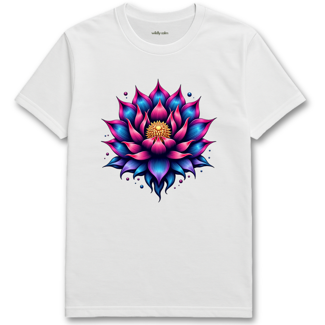 White Lotus Art t-shirt with a colorful lotus flower design for Yoga -Wildly Calm