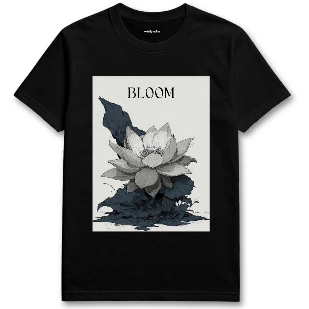 Lotus Bloom_Black t-shirt with a graphic of a flower and the word 'BLOOM' for Yoga- Wildly calm