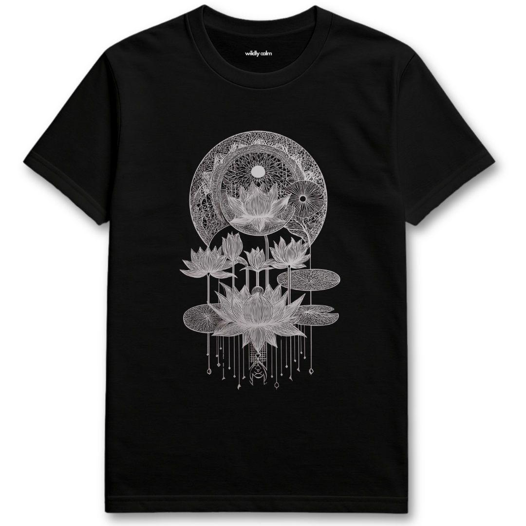 Lotus Flowstate_Black t-shirt with white floral and moon design wildly calm