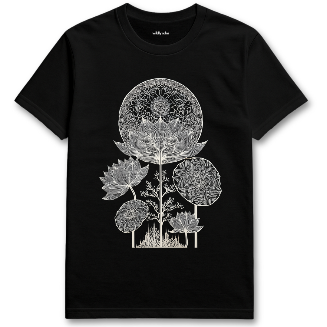Lotus Luminescence_Black t-shirt with white floral and mandala design for Yoga - Wildly calm