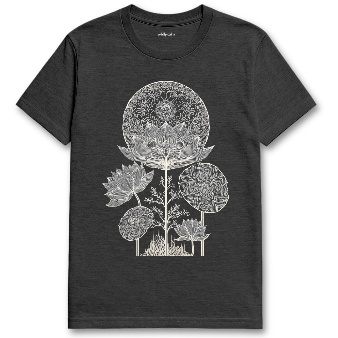Lotus Luminescence_Heather Dark Grey t-shirt with white floral and mandala design for Yoga - Wildly calm