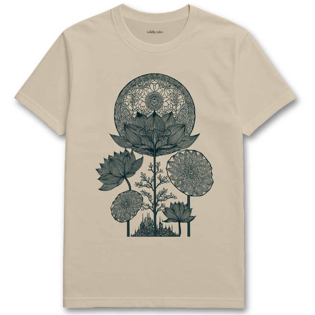 Lotus Luminescence_Sand/ Beige t-shirt with white floral and mandala design for Yoga - Wildly calm