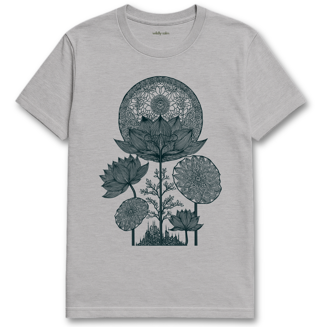 Lotus Luminescence_Sports Grey t-shirt with white floral and mandala design for Yoga - Wildly calm