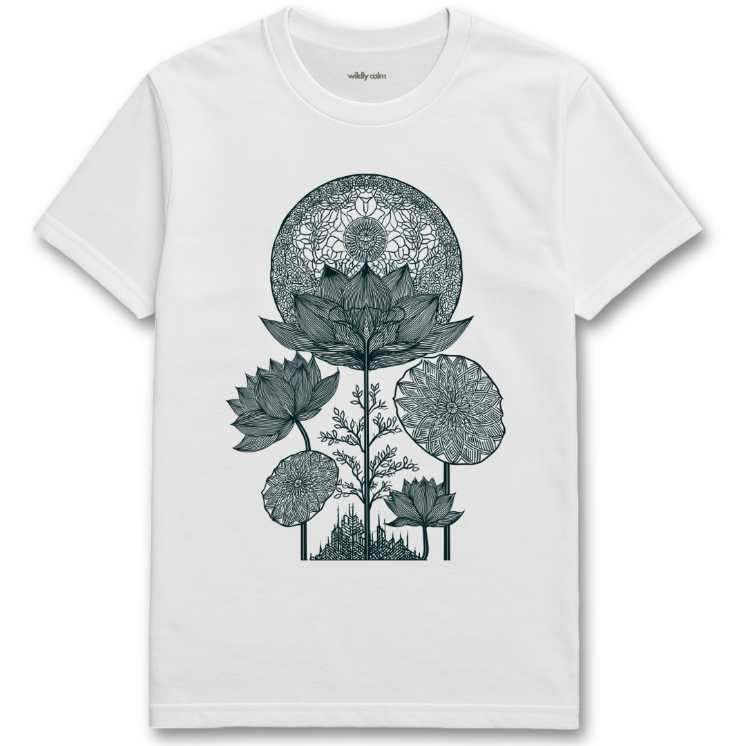 Lotus Luminescence_White t-shirt with white floral and mandala design for Yoga - Wildly calm