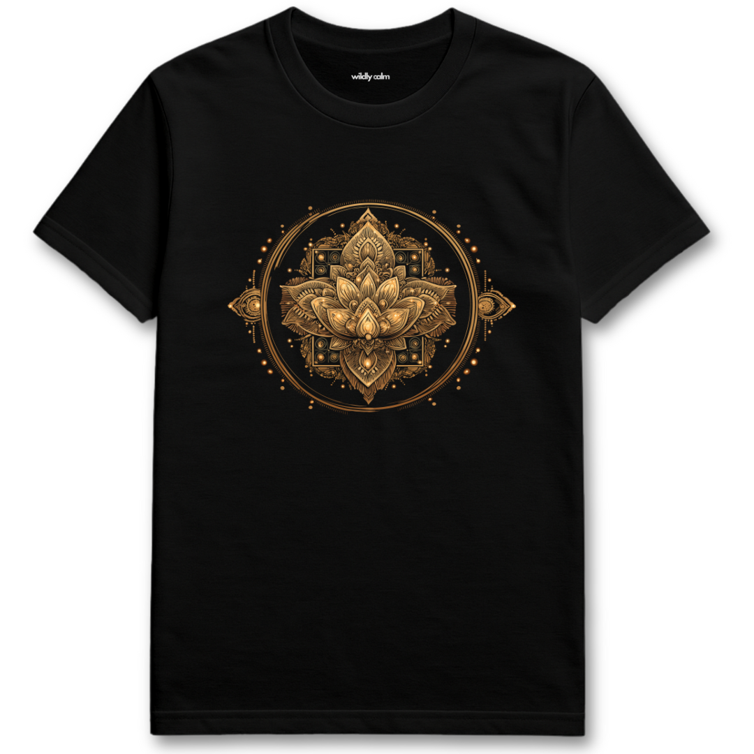 Wildly Calm_Lotus Mandala Black t-shirt with gold mandala design on a white background
