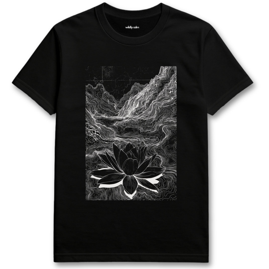 Lotus Mud Journey_Black t-shirt with a white lotus flower design for Yoga - Wildly Calm