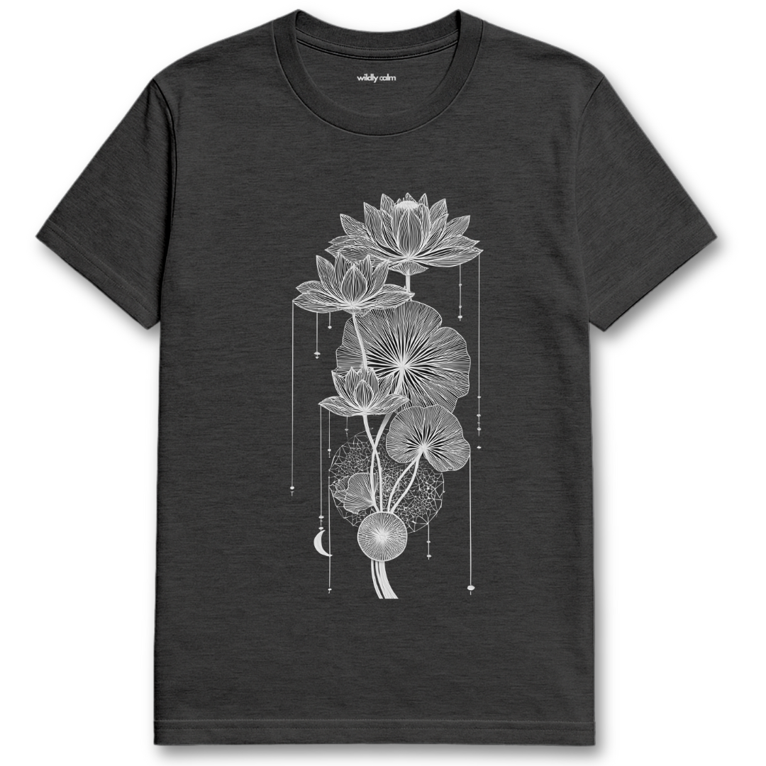 Lotus Rhythm_Heather Dark Grey t-shirt with black lotus flower design for Yoga - Wildly calm