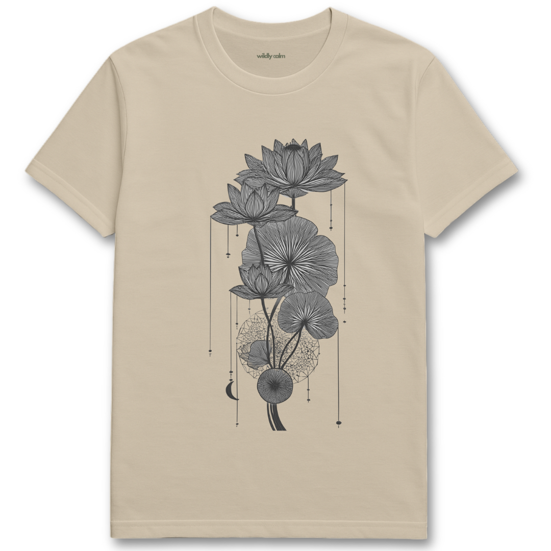 Lotus Rhythm_sand/ beige t-shirt with black lotus flower design for Yoga - Wildly calm