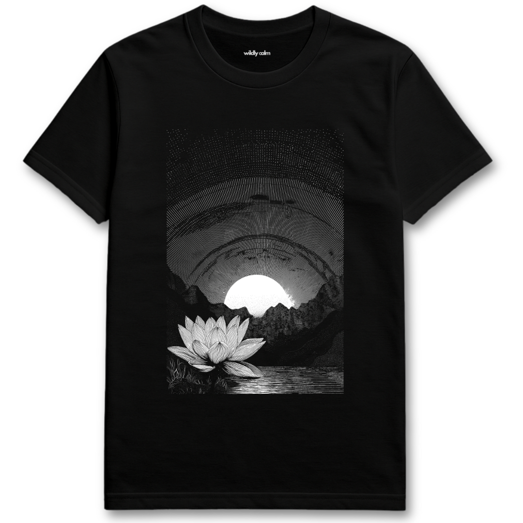 Lotus Scenery_Black t-shirt with a black and white graphic of a lotus flower and mountains. For yoga - Wildly Calm
