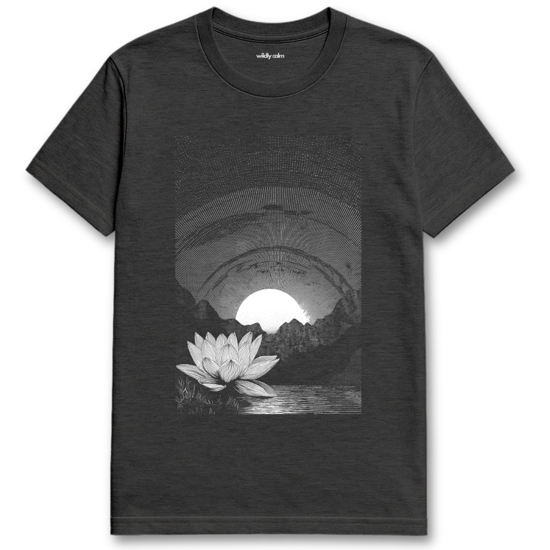 Lotus Scenery_Heather Dark Grey t-shirt with a black and white graphic of a lotus flower and mountains. For yoga - Wildly Calm