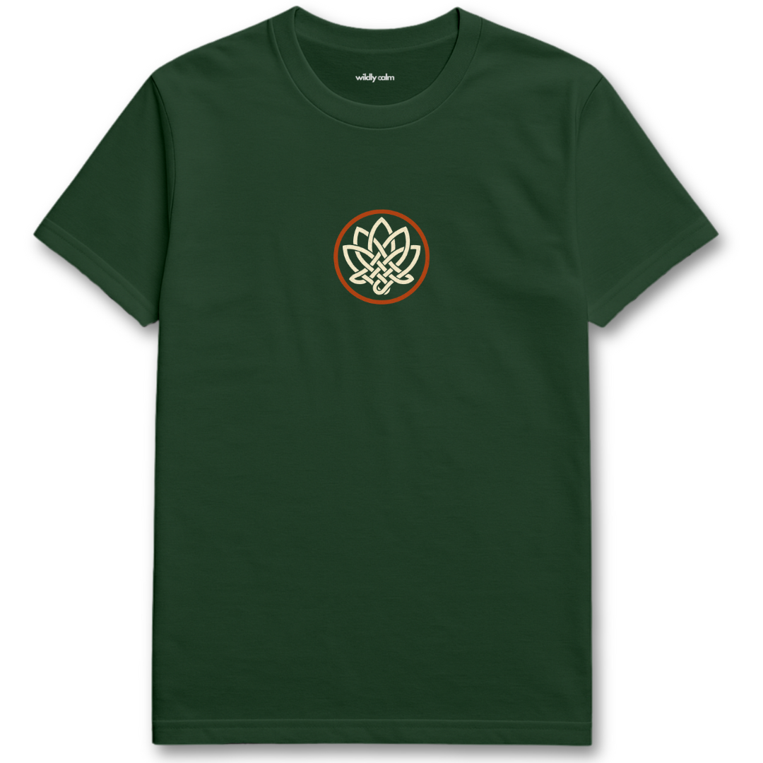 Forest Green Lotus Threads t-shirt with a circular logo for yoga - Wildly Calm