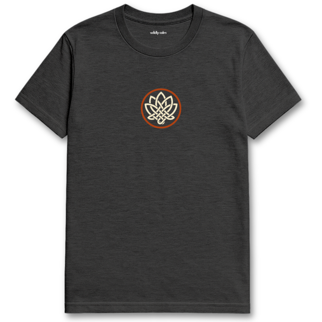 Dark Heather Grey Lotus Threads t-shirt with a circular logo for yoga - Wildly Calm