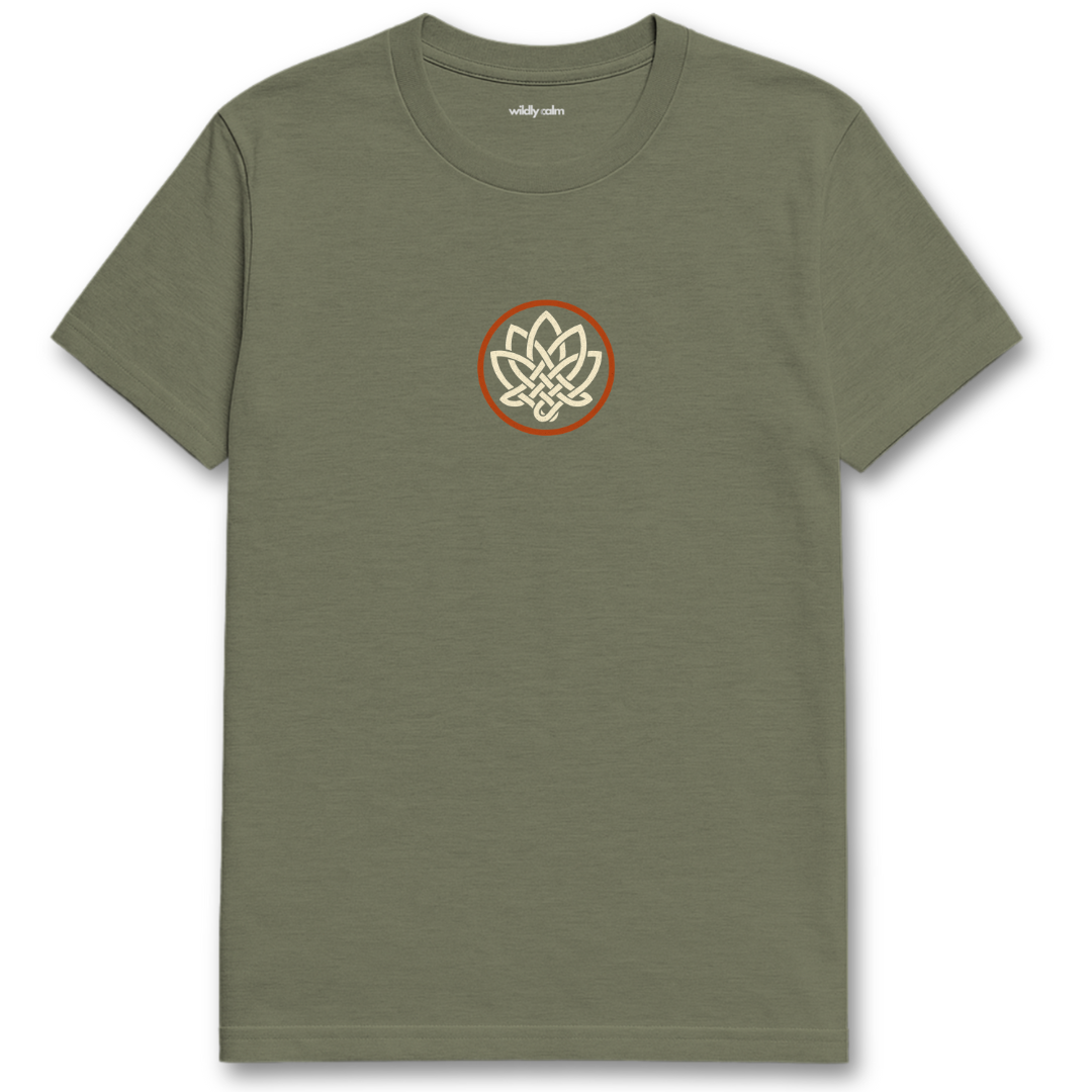 Heather Military Green Lotus Threads t-shirt with a circular logo for yoga - Wildly Calm
