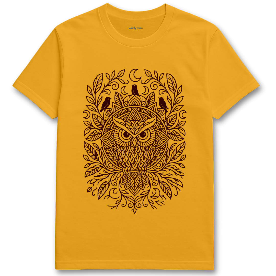 Wildly Calm_Lunar Owl Mandala_gold yoga t-shirt with an owl design on a white background