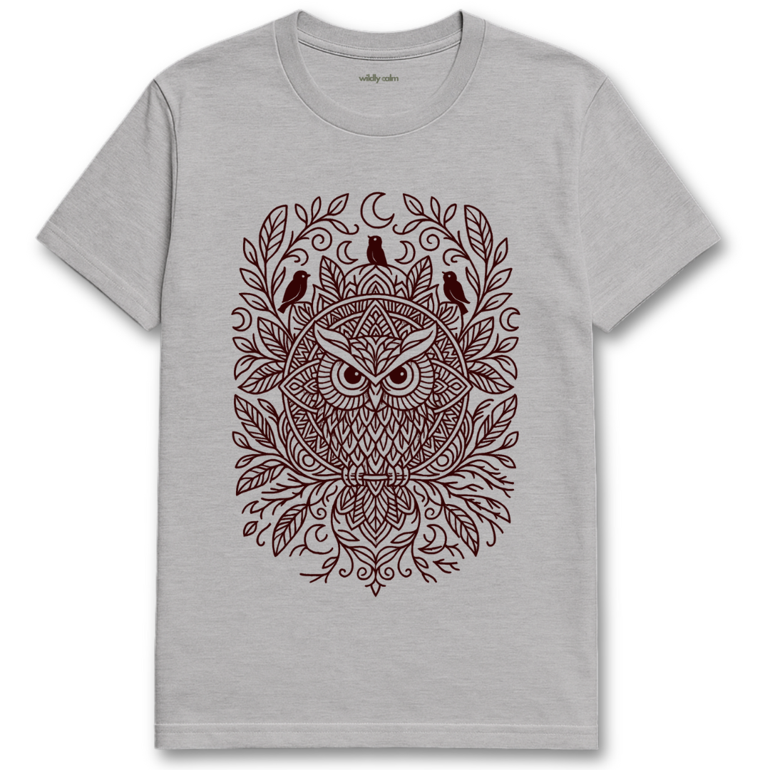 Wildly Calm_Lunar Owl Mandala_sports grey yoga t-shirt with an owl design on a white background