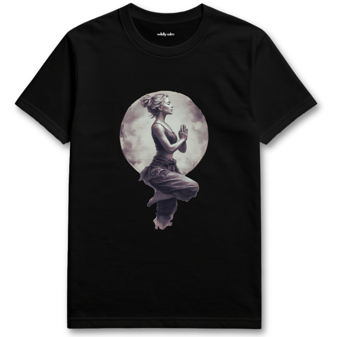 Lunar Yoga Pose Black yoga t-shirt with a graphic of a woman in a meditative pose against a moonlit background - wildly calm