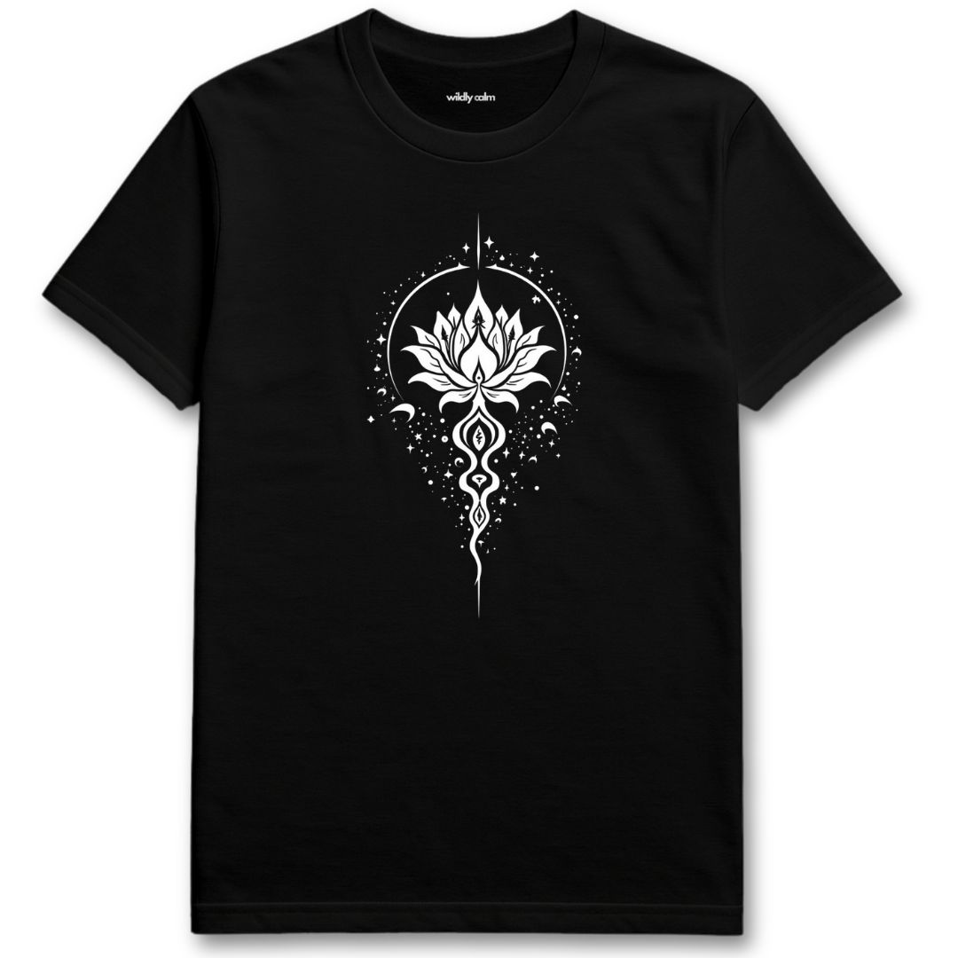 Magical Lotus_Black t-shirt with a white lotus flower design for yoga - Willdy Calm