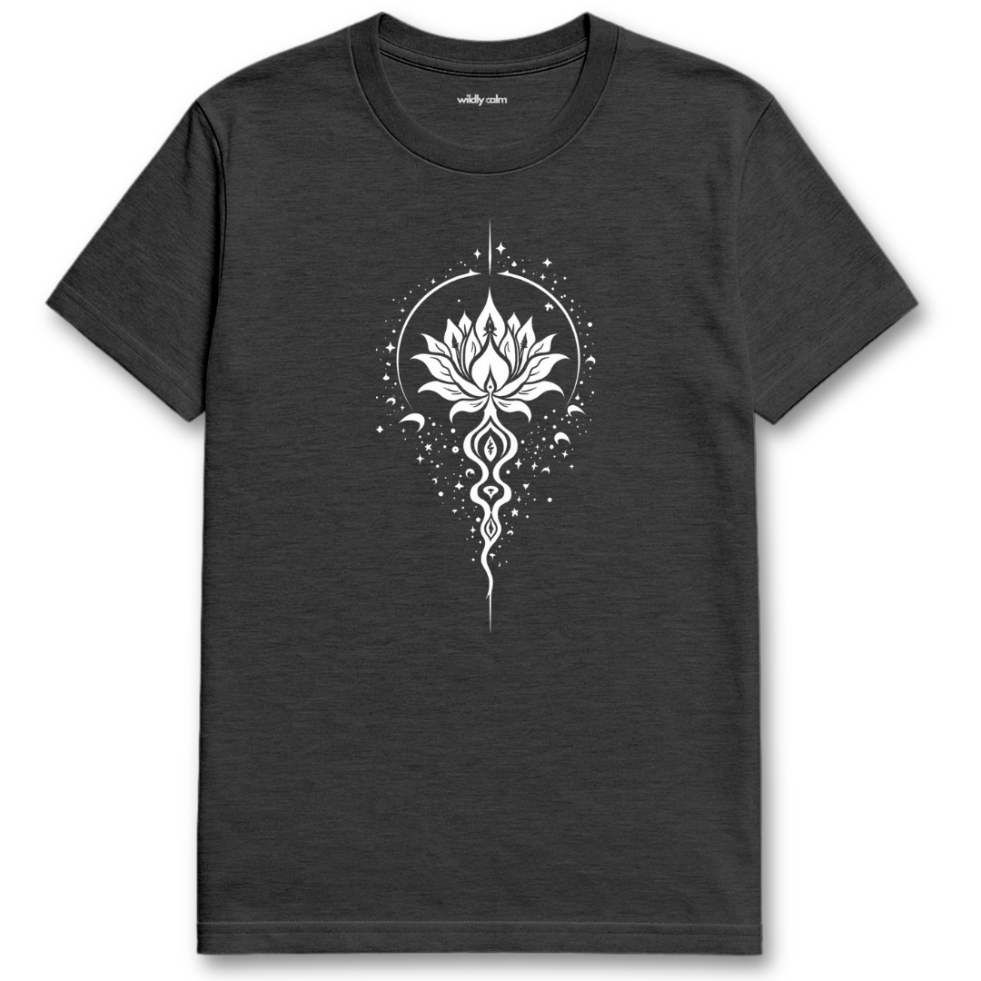 Magical Lotus_Heather Dark Grey t-shirt with a white lotus flower design for yoga - Willdy Calm