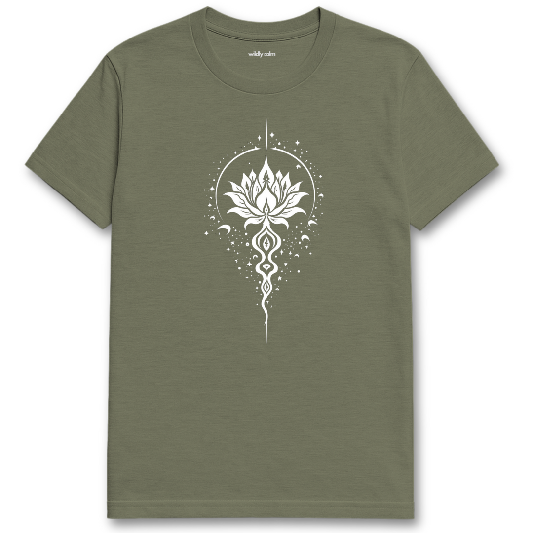 Magical Lotus_Heather Military Green t-shirt with a white lotus flower design for yoga - Willdy Calm