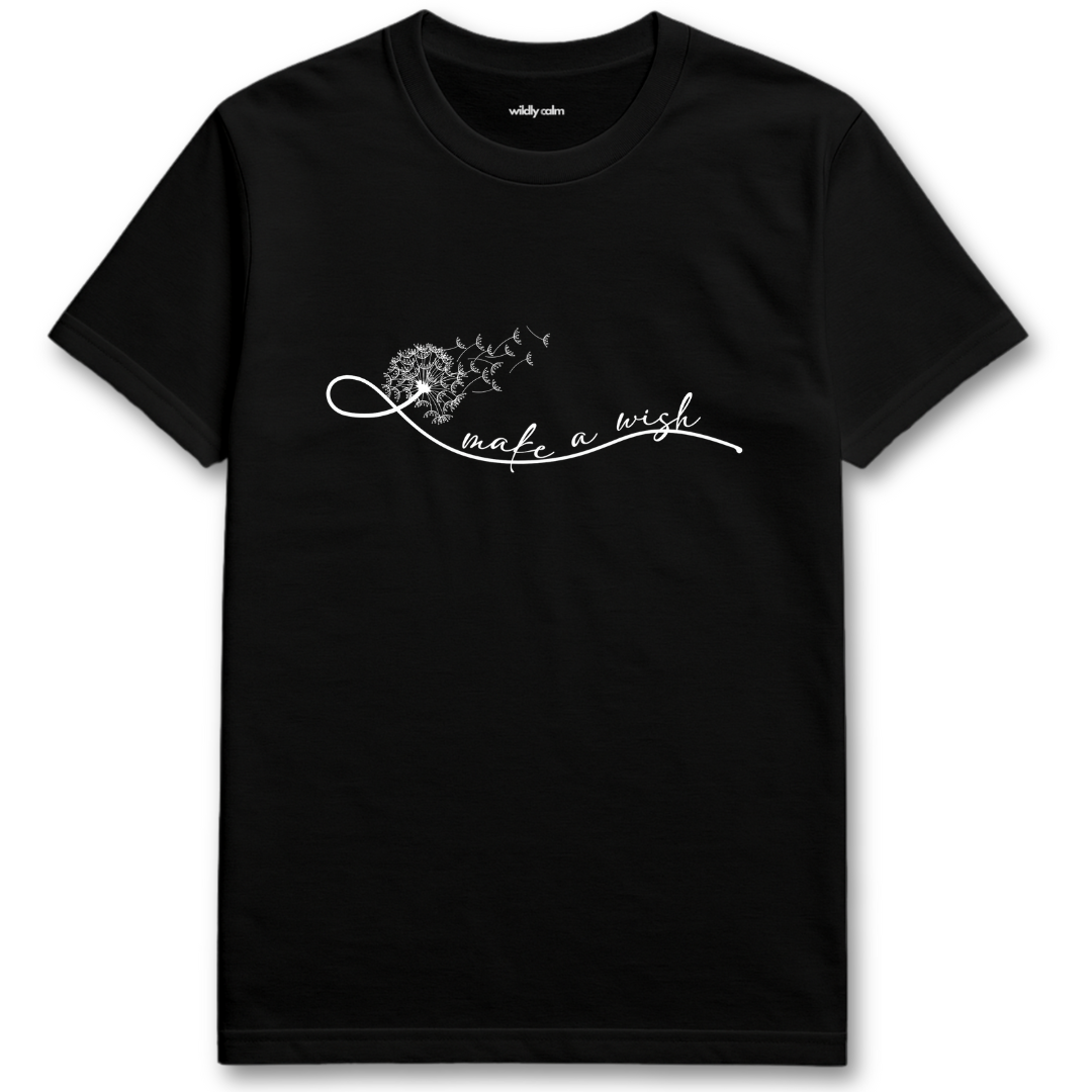 Make a Wish with Dandelion_Black yoga t-shirt with white text and design - wildly calm