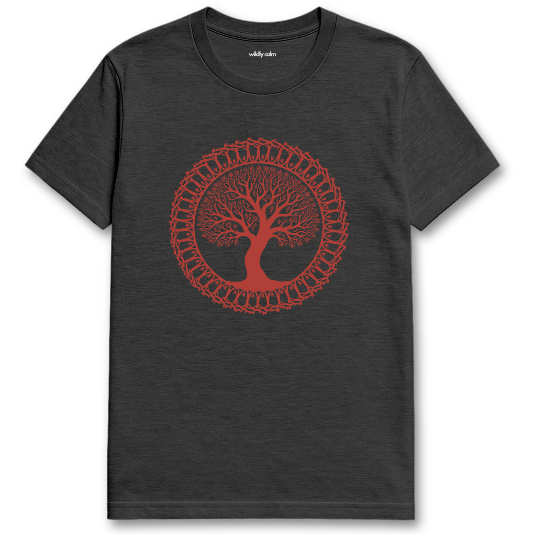 Mandala Tree_Heather Dark Grey yoga t-shirt with a red tree design on a white background