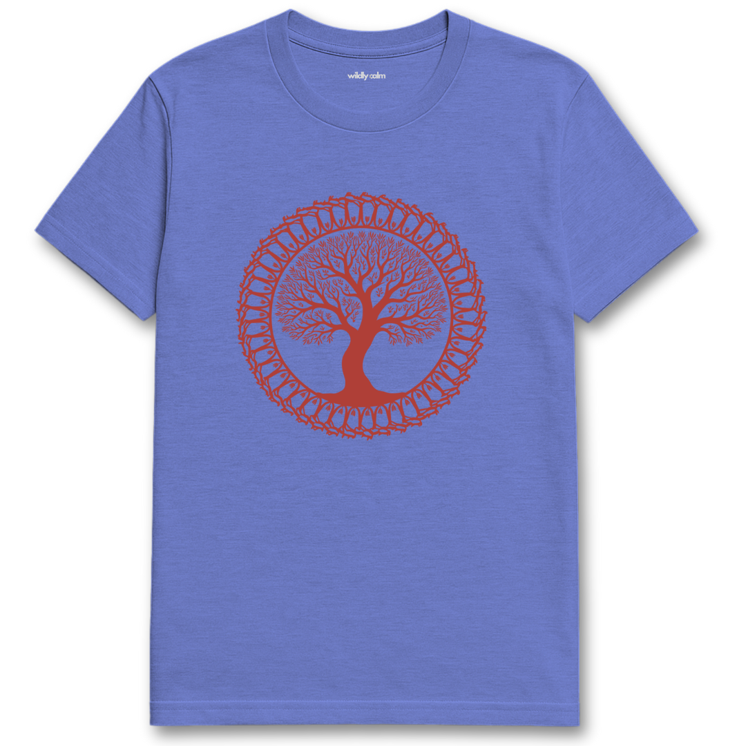 Mandala Tree_heather royal blue yoga t-shirt with a red tree design on a white background