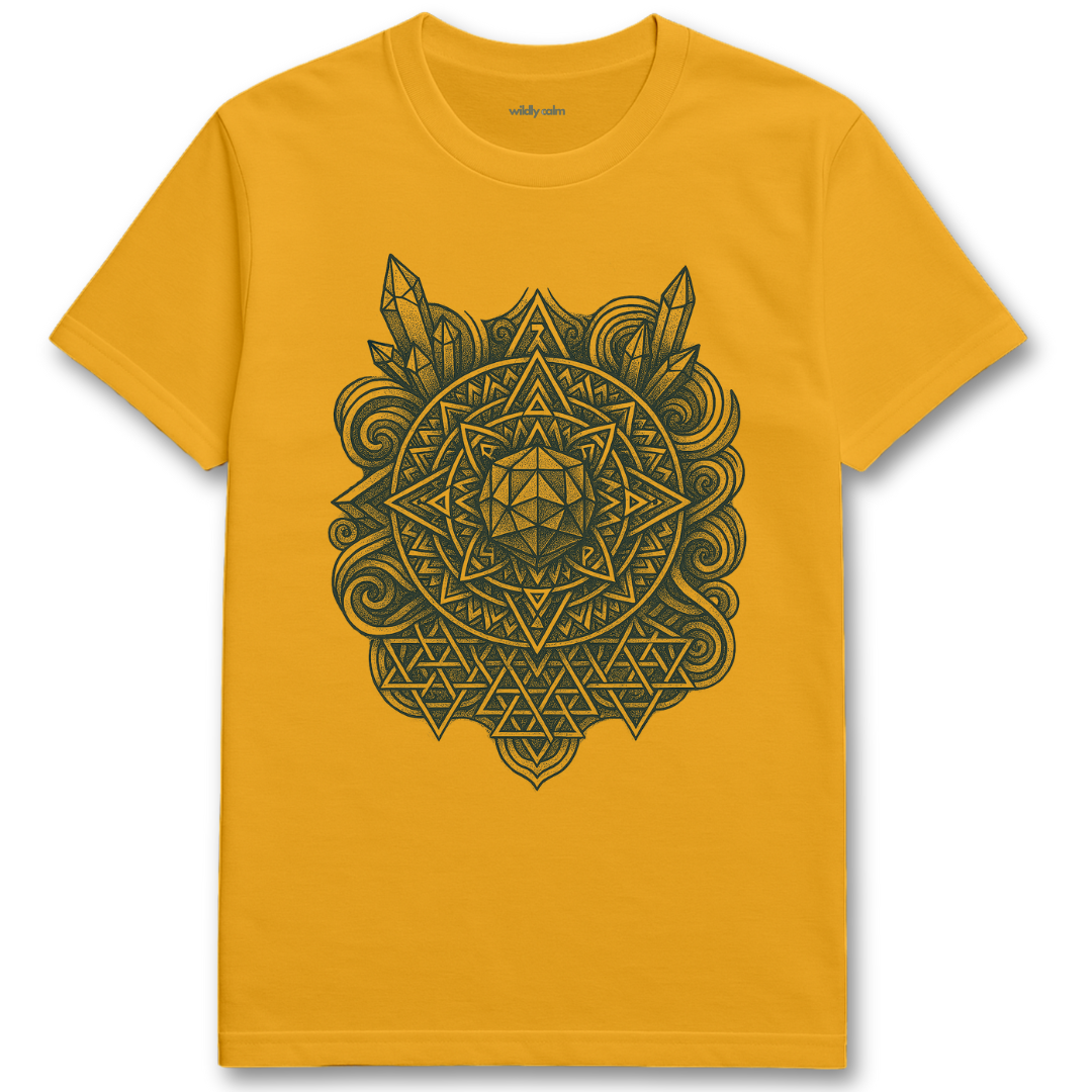 Wildly Calm_Mandala of Awakening Gold yoga t-shirt with a black geometric design on a white background
