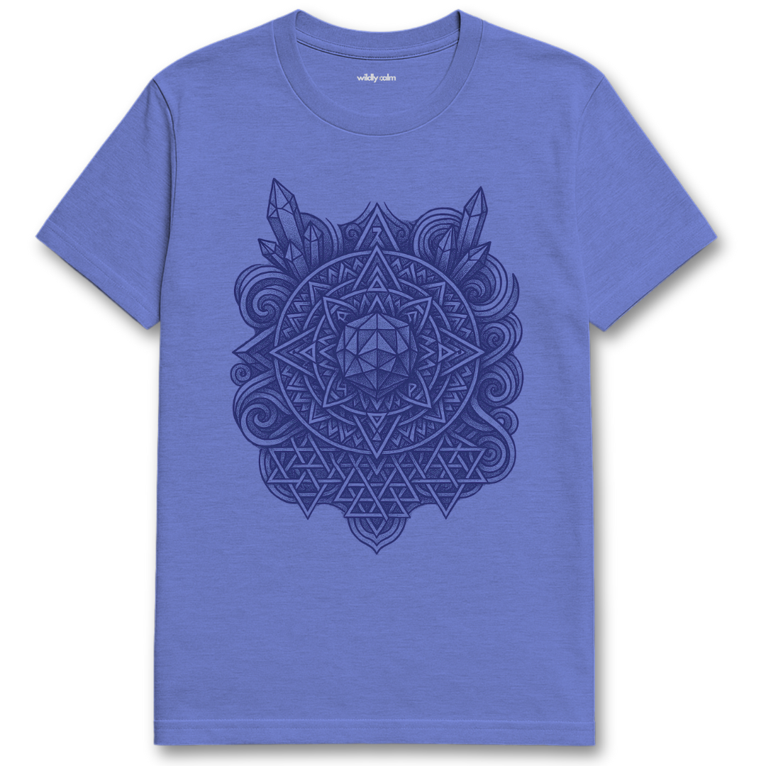 Wildly Calm_Mandala of Awakening Heather royal blue yoga t-shirt with a black geometric design on a white background