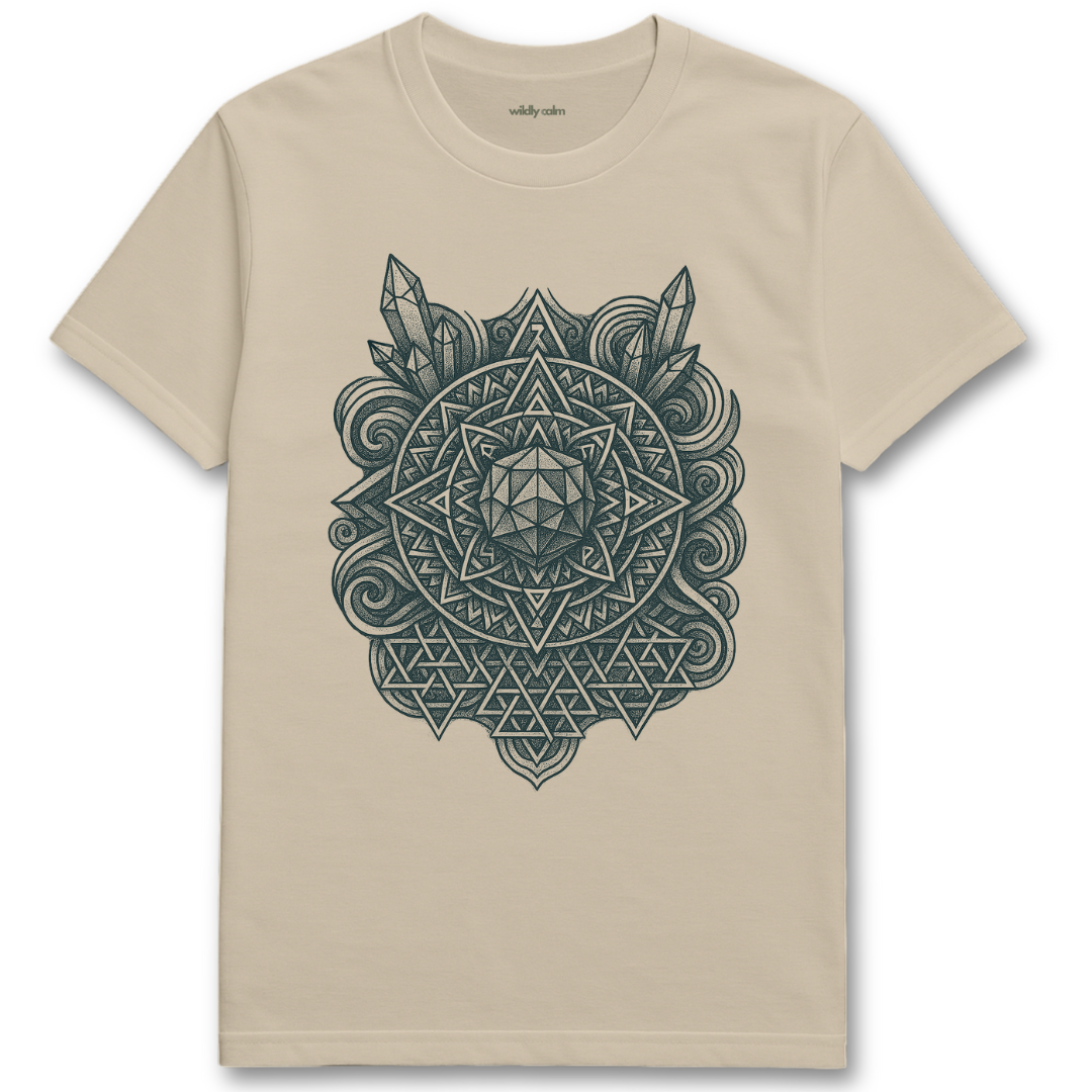 Wildly Calm_Mandala of Awakening sand/ beige yoga t-shirt with a black geometric design on a white background