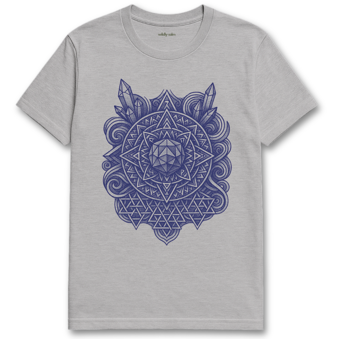 Wildly Calm_Mandala of Awakening sports grey yoga t-shirt with a black geometric design on a white background