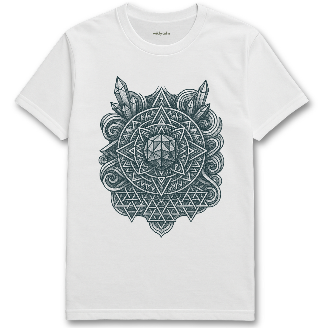 Wildly Calm_Mandala of Awakening White yoga t-shirt with a black geometric design on a white background